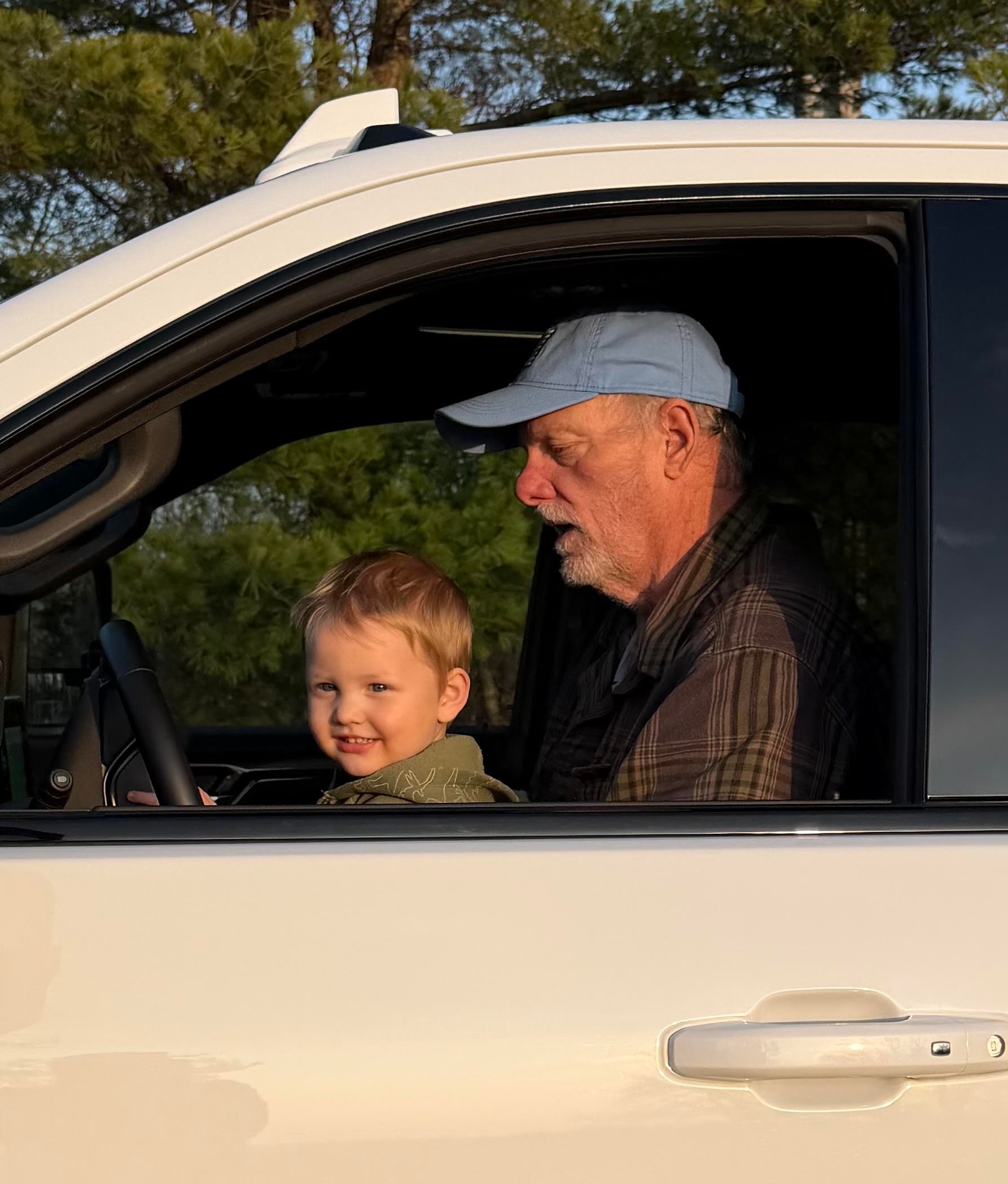 Hudson and Allan in the truck